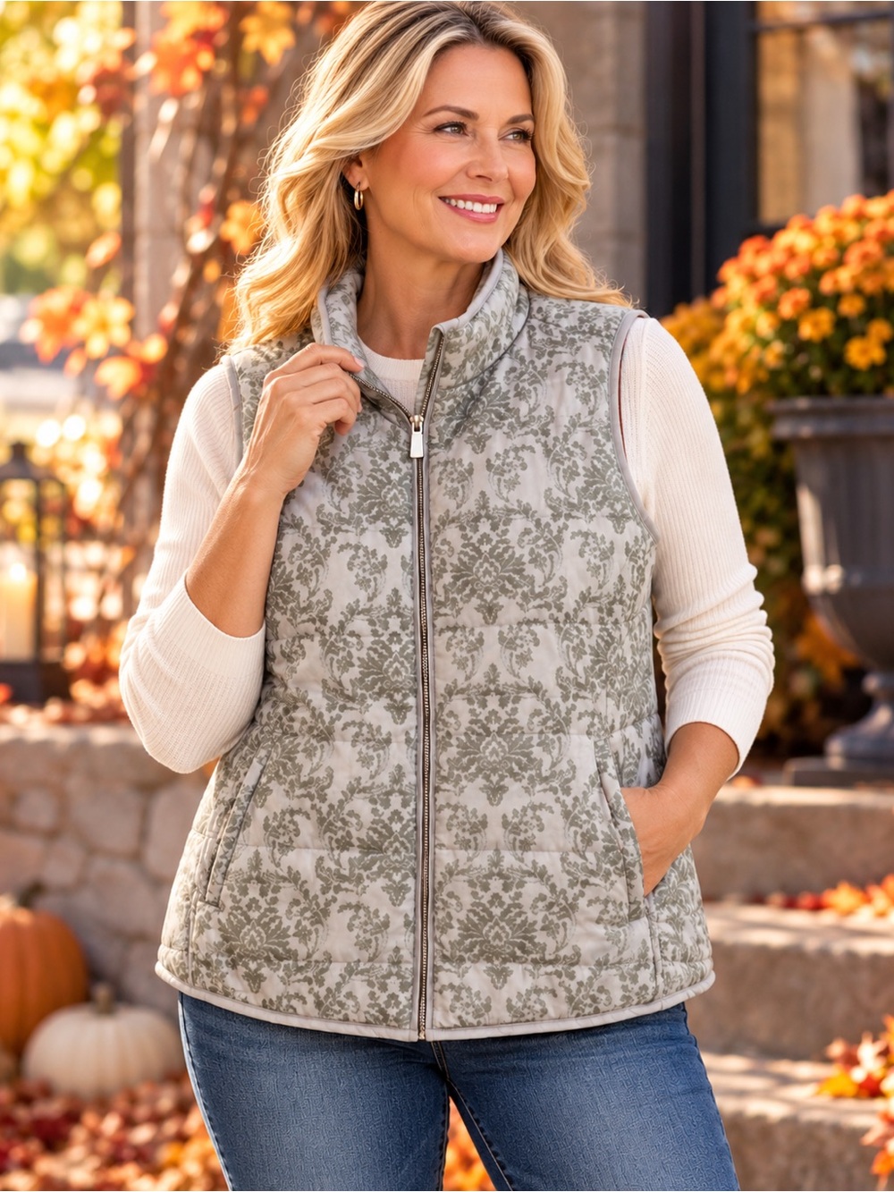 DB Vest Floral Damask Quilted Puffer Mock Neck Full Zip Women’s Plus Size 1X EUC